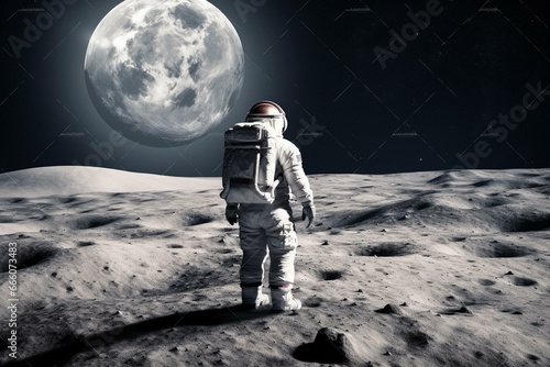 space explorer on moon marveling at earth, made with advanced technology. Generative AI