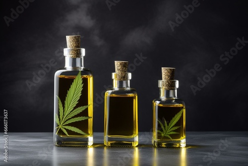 Bottles of oil made from cannabis on a gray background with empty space. Generative AI