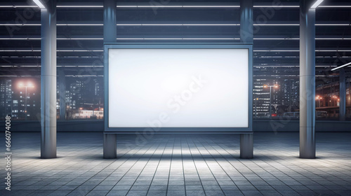 Commercial, marketing and advertising concept at train station in the city, big mockup of blank showcase billboard or advertising light box for your text message or media content