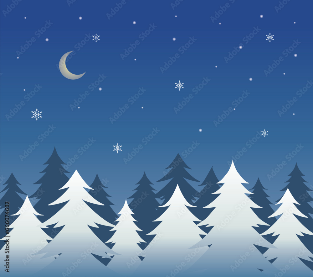 Illustration of a snowy winter night landscape with pine trees and the moon Illustration of a snowy winter night landscape with pine trees and the moon