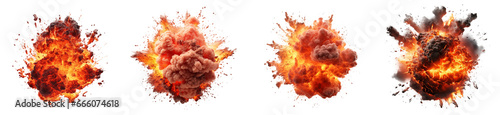 Set of Realistic fiery explosion with sparks fire flames, Elements for design, isolated on white and transparent background 