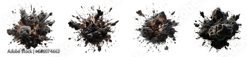 Set of Black powder explosion elements for design, isolated on white and transparent background 