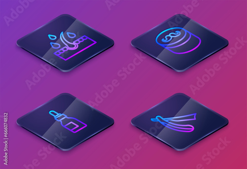 Set Isometric line Oil for hair care treatment, bottle, Gel wax styling and Straight razor. Blue square button. Vector
