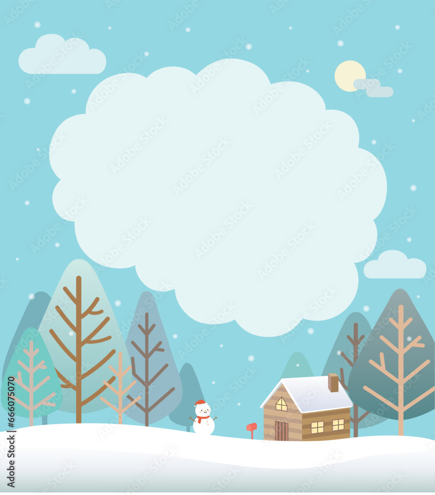 Snowy winter landscape blank frame with house and  snowman