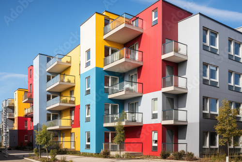The new apartment building is painted in bright colors