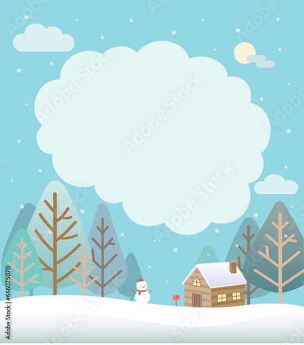 Snowy winter landscape blank frame with house and snowman © hwikyung