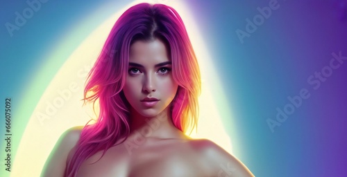 Beautiful girl with pink hair on a colored background   Studio shot