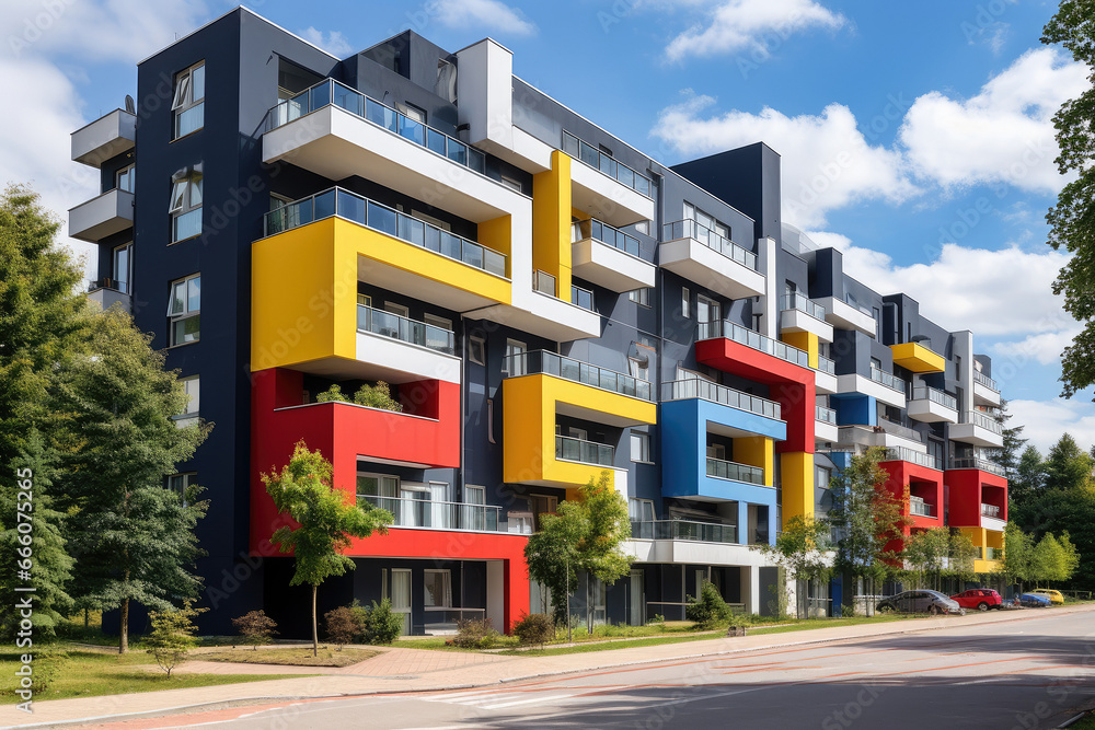 The new apartment building is painted in bright colors