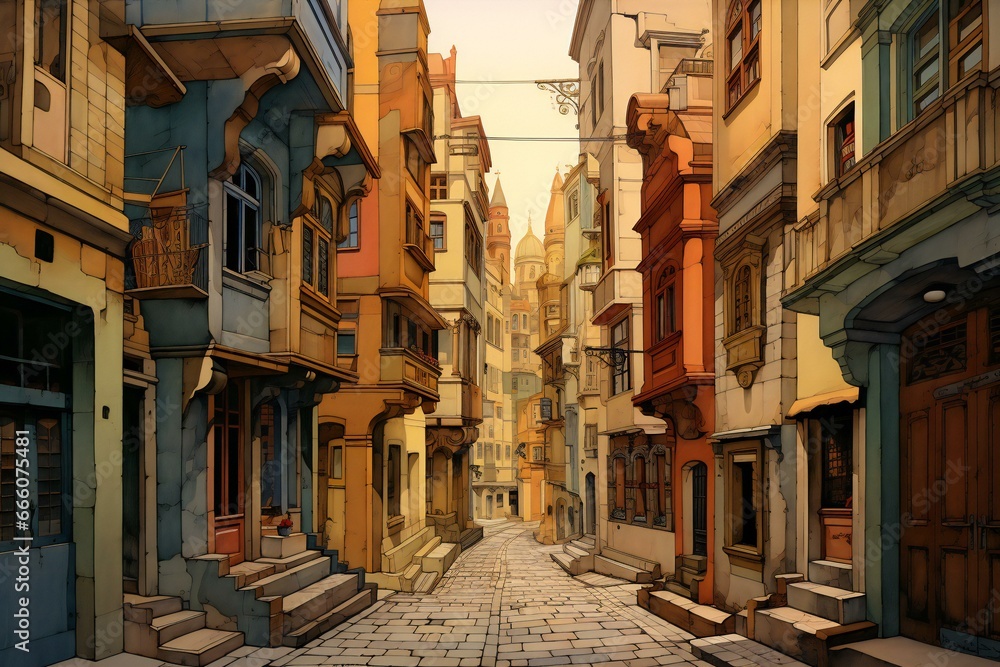 Street in the old town of Prague, Czech Republic,  Digital painting