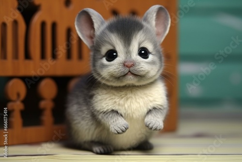 Cute little chinchilla puppy sitting on a wooden bench © Cuong