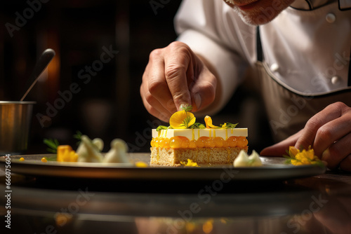 The chef decorates the lemon cake