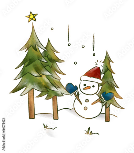 光が射すクリスマスツリーと雪だるま