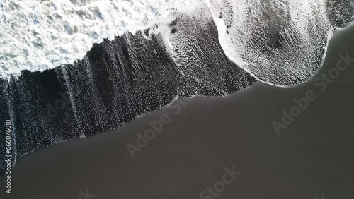 Top view aerial photo from flying drone of amazing nature view of volcanic black sand beach in Iceland
