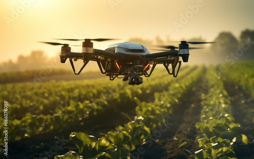 Drone flying and spreading fertilizer or pesticides in agricultural fields. High technology innovations and smart farming. Generative AI
