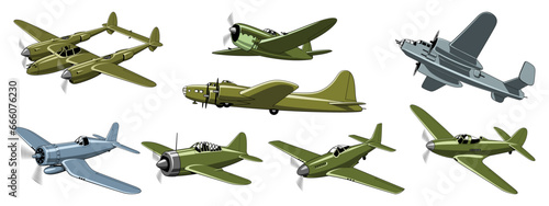 WWII Fighter Planes and Bombers. USA vintage military airplanes collection. Vector cliparts isolated on white.