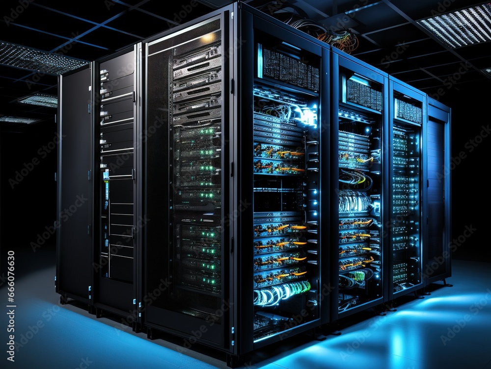 Modern IT server with several rows of fully functional server racks, supercomputer technology concept Modern IT server with several rows of fully functional server racks, supercomputer technology concept