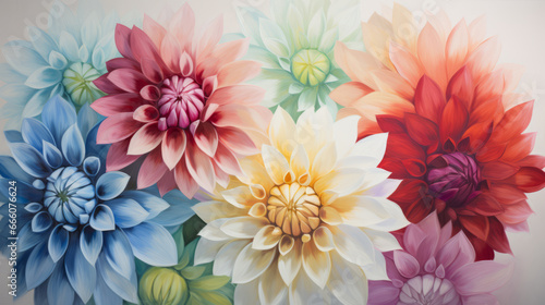 Colourful dahlias background, wall decor, canvas design, artistic Illustration, AI Generated © Jovana