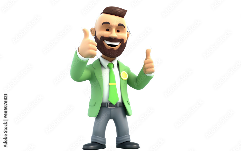 Green Energy Man Advocate Showing His Both Thumb with Solar Panel 3D Character Isolated on Transparent Background PNG.