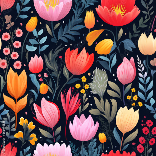 Tilable seamless colourful vibrant millefleur background  wall decor  canvas design  fabric pattern design