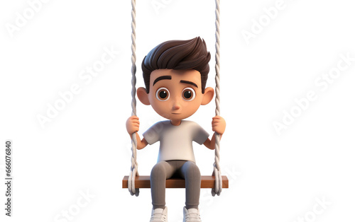 Grieving Sad Little Boy Sitting on a Swing 3D Character Isolated on Transparent Background PNG.