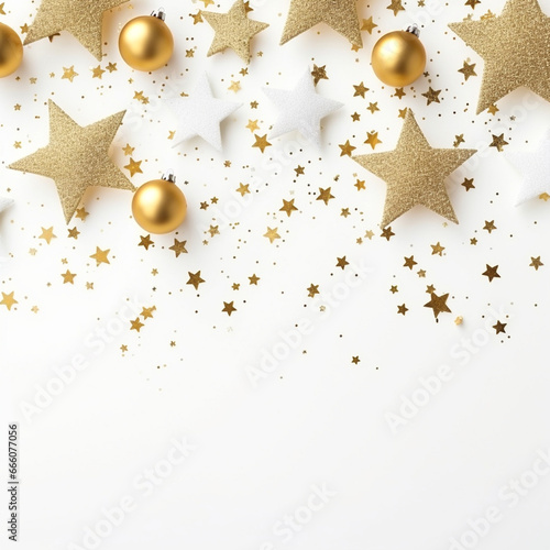 Golden balls and stars glittered on white snow Christmas holiday background card greeting, generated AI