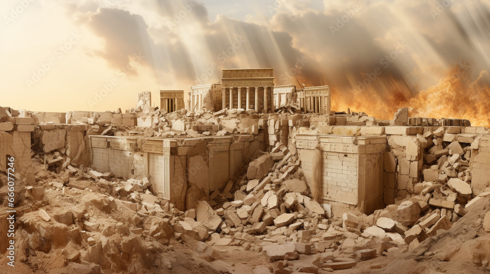 destruction of holy Jewish temple in ancient history, mourning day tish. Generative Ai - obrazy, fototapety, plakaty 