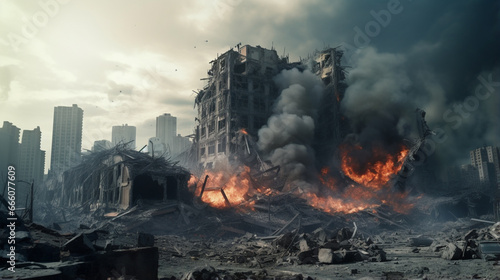 Detailed destruction of fictitious city with debris and collapsing structures. Generative Ai