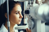 A woman checks her vision at an ophthalmologist.