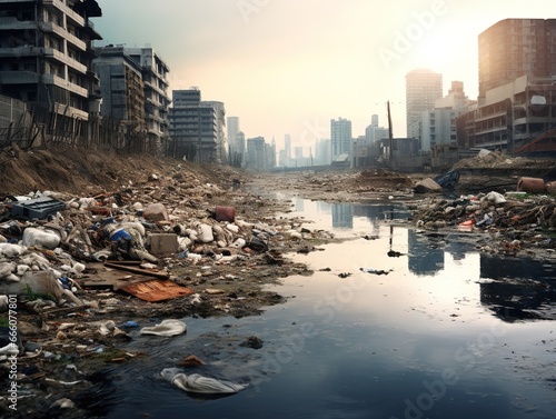 Strong polluted river near by a huge city, a lot of plastic garbage, pollution concept © Khaligo