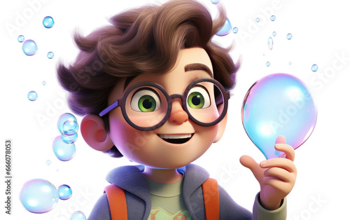 Boy Blowing Soap Bubbles With Smiling 3D Character Isolated on Transparent Background PNG.