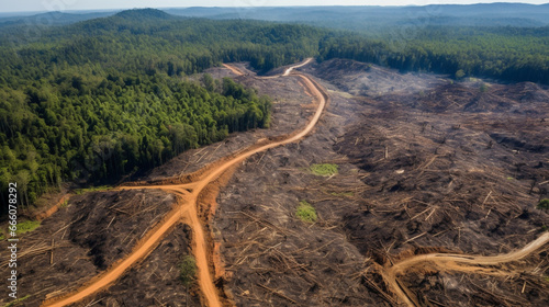 Deforestation aerial photo. Rainforest jungle, destroyed to make way for oil palm. Generative Ai photo