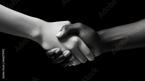 Handshake between black and white people on dark background.
