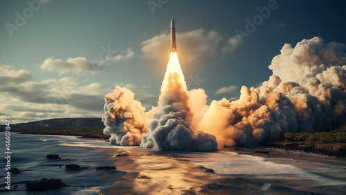 Canvas-taulu Ballistic missiles take off from the coast.