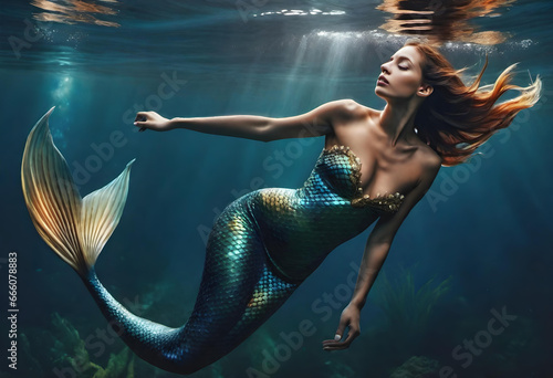 beautiful mermaid with red hair swims underwater. generative ai photo