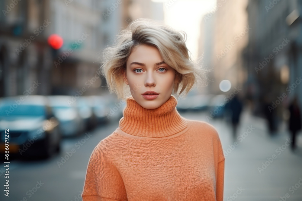 Beautiful woman model in a trendy orange turtleneck on the street of a big city.