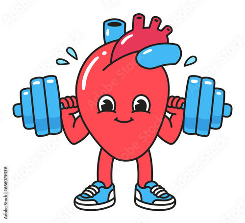 Cartoon heart character lifting barbell