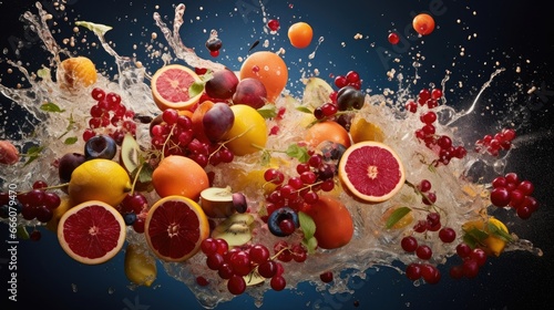  a bunch of fruit that is falling into the air with water. generative ai