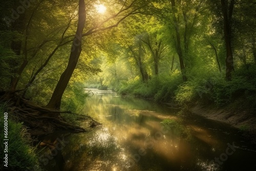 Serene woods and river under sunlight. Generative AI © Ella