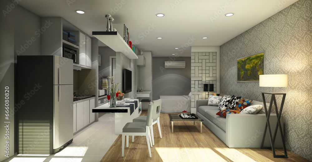 3d render illustration Condo unit that allocates space and is designed perfectly with all uses.