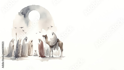 Watercolor painting of the visit of the Three Wise Men 