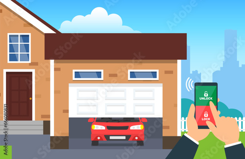 hands using smartphone app garage door smart lock remote control vector illustration