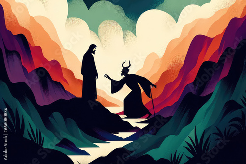 Jesus christ tempted by the devil. Colorful illustration 