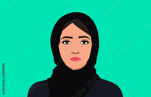 sad unhappy upset arab woman wearing hijab on green background vector illustration
