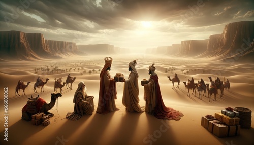 Fotografia Three wise men with camels in the desert.