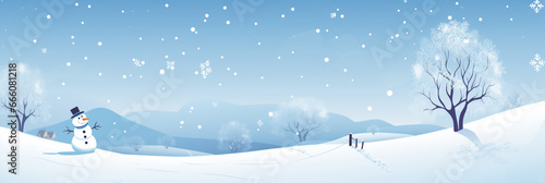 Snowman in snow scene. Winter concept header design with copy space