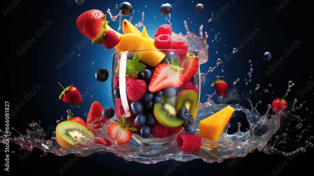  a glass of water with fruit in it and a splash of water around it.  generative ai