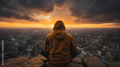 A man sitting on the brink of a building and gazing at the setting sun is wearing a yellow hooded sweatshirt..