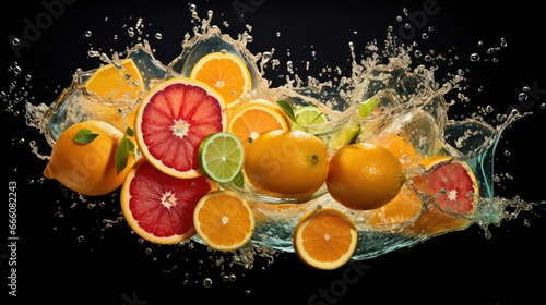  a bunch of oranges and grapefruits are splashing in water.  generative ai
