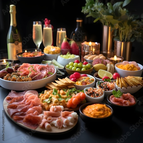 Festive New Year s Eve Party Spread with Colorful Culinary Delights and Decorations
