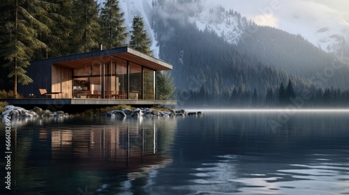  a cabin on a lake surrounded by mountains and trees with a table and chairs.  generative ai © Anna